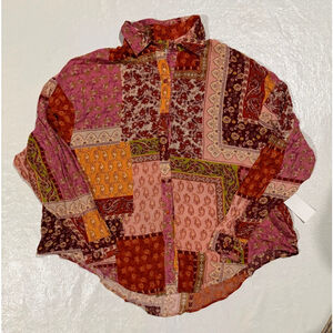 Aura Women’s Paisley Patchwork Button-Up Shirt Boho Bohemian Top Sz Small NWT